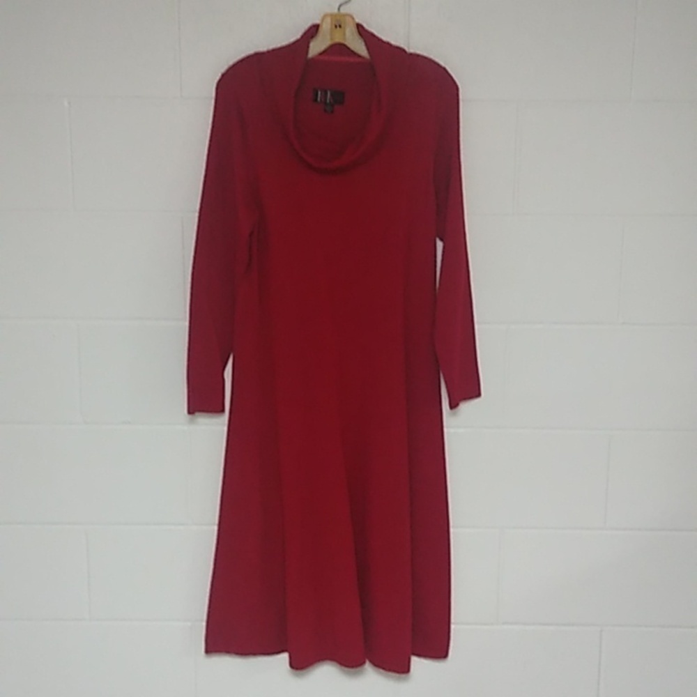 R&K ORIGINALS MIDI, COWL NECK, SOFT, FINE KNIT, SWEATER DRESS IN RICH RED